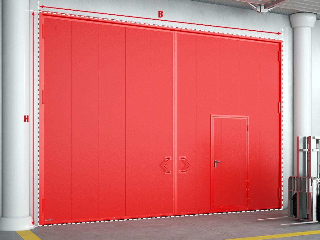 Противопожарные распашные ворота с калиткой. <br> Могут быть выполнены симметричными (с одинаковой шириной створок) и несимметричными (с разной шириной створок), с открыванием внутрь или наружу помещения. Так как они имеют две створки, для термоизоляции и предотвращения проникновения дыма в местах их стыка применяется специальная система уплотнителей по периметру створок ворот. Размер калитки в свету 900 × 2050 мм.